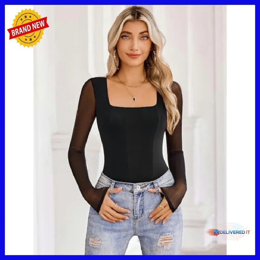 Long Sleeve Mesh Bodysuit Square Neck Soft Stretch Leotard Top